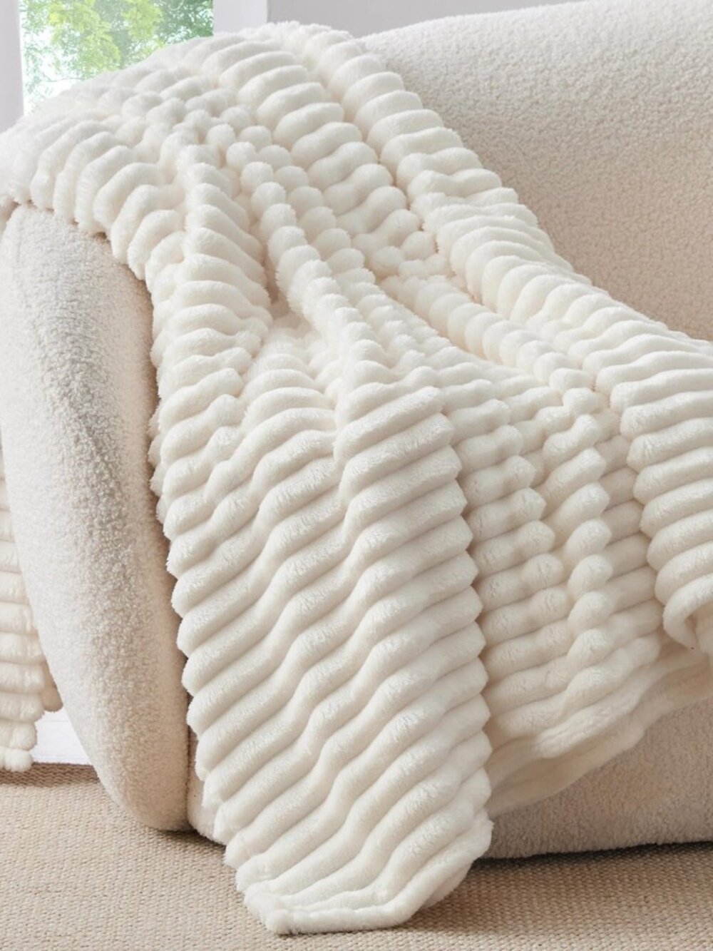 Ribbed Fleece Throw Blanket for Couch, Cream, 50"x60"